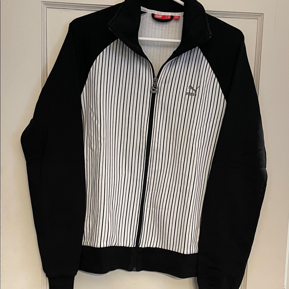 Puma Black and White Striped Zip-Up Sweater